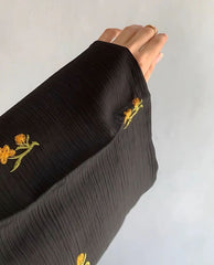 Luxury Black Abaya with Gold Floral Embroidery Sleeves – Elegant Modest Wear