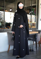 Elegant Black Bow Embroidered Abaya With Premium Stole – Modest Luxury Wear