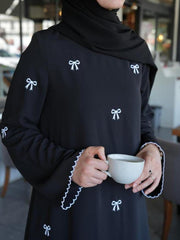 Elegant Black Bow Embroidered Abaya With Premium Stole – Modest Luxury Wear