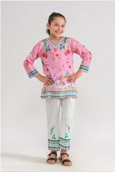 Girls Ethnic Wear – Pink Floral Kurti & White Trousers | 2-Piece Summer Kurti Set (Ages 6–14)