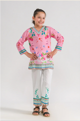 Girls Ethnic Wear – Pink Floral Kurti & White Trousers | 2-Piece Summer Kurti Set (Ages 6–14)