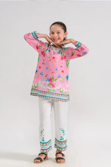 Girls Ethnic Wear – Pink Floral Kurti & White Trousers | 2-Piece Summer Kurti Set (Ages 6–14)