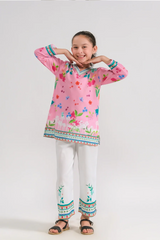 Girls Ethnic Wear – Pink Floral Kurti & White Trousers | 2-Piece Summer Kurti Set (Ages 6–14)