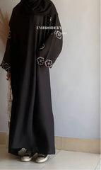 Elegant Black Abaya with White Floral Embroidery Sleeves – Premium Modest Wear