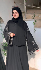 Elegant Black Abaya with White Floral Embroidery Sleeves – Premium Modest Wear