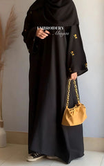 Luxury Black Abaya with Gold Floral Embroidery Sleeves – Elegant Modest Wear
