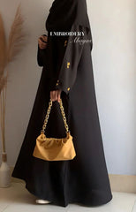 Luxury Black Abaya with Gold Floral Embroidery Sleeves – Elegant Modest Wear