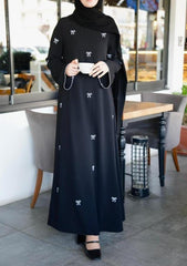 Elegant Black Bow Embroidered Abaya With Premium Stole – Modest Luxury Wear