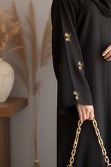 Luxury Black Abaya with Gold Floral Embroidery Sleeves – Elegant Modest Wear