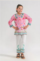 Girls Ethnic Wear – Pink Floral Kurti & White Trousers | 2-Piece Summer Kurti Set (Ages 6–14)