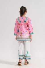 Girls Ethnic Wear – Pink Floral Kurti & White Trousers | 2-Piece Summer Kurti Set (Ages 6–14)