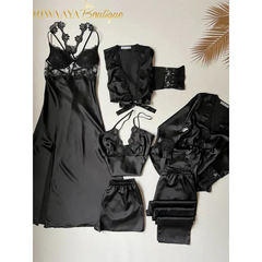 6 PCS LONG SILK NIGHTY SET FOR WOMEN
