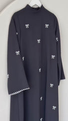 Elegant Black Bow Embroidered Abaya With Premium Stole – Modest Luxury Wear